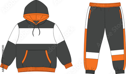 Hoodie, sweatpants, color-block, orange, gray, fashion, sketch, front, back, silhouette, posture, gesture, setup, vector, black, pose, flavector, minimal, garment, technical, cad drawing flat vector