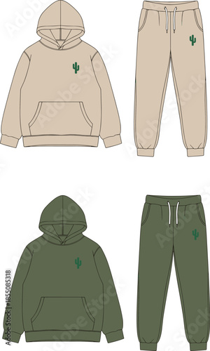 Hoodie, sweatpants, cactus, fashion, sketch, front, back, silhouette, posture, gesture, setup, vector, black, pose, flavector, minimal, garment, technical, flat, cad drawing flat vector