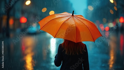 Wallpaper Mural Person with orange umbrella walks in rain on city street at night. Lights reflect on wet pavement, creating vibrant, moody atmosphere. Umbrella offers protection from downpour, making walk Torontodigital.ca