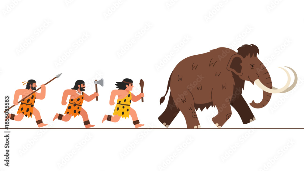 Foto Three caveman hunting mammoth, vector illustration design