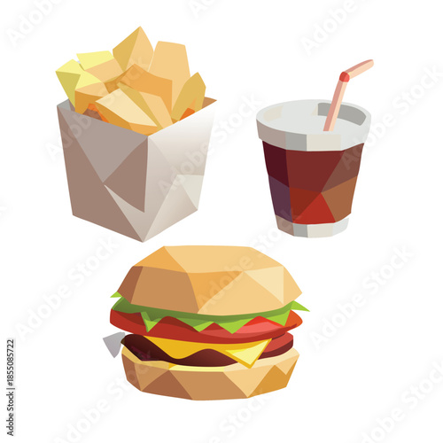 Low Poly Fast Food Vector Illustration with Burger and Fries