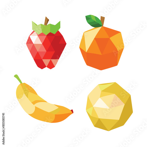 Low Poly Fresh Fruit Vector Illustration Set with Strawberry