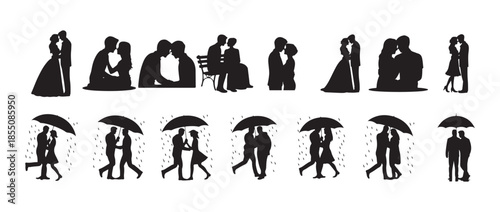 Romantic couple set. under umbrellas in rainy weather showing walking kissing running,  various poses including kissing, and sitting together. vector illustration eps 10