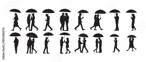 Romantic couple set. under umbrellas in rainy weather showing walking kissing running,  various poses including kissing, and sitting together. vector illustration eps 10