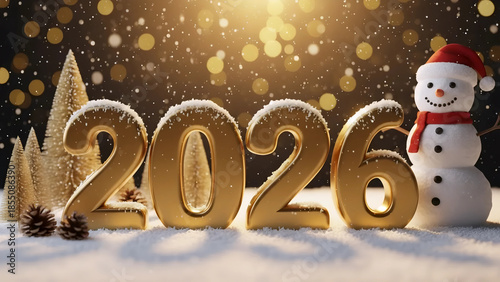 Happy New Year 2026 Golden Balloon Numbers with Cute Snowman. 3D Christmas Holiday Background