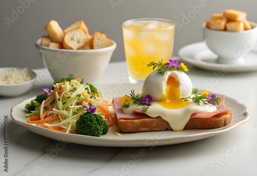 A Delicious and Elegantly Plated Eggs Benedict Breakfast with Fresh Sides