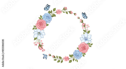 Delicate floral wreath composed of blue and pink roses and small buds with fluttering blue butterflies on a white background.