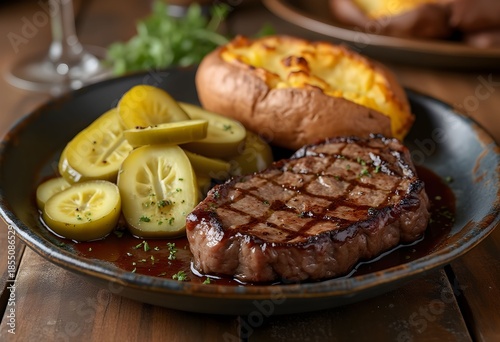 A perfectly grilled ribeye steak served with a fluffy baked potato and sliced pickles on a dark plate.