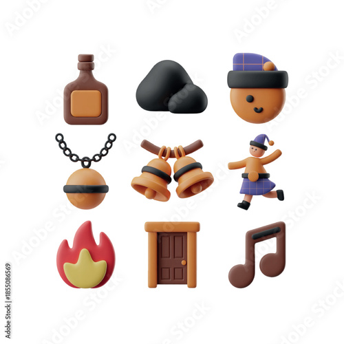Hogmanay 3D Clay Icon Set  Scottish New Year Celebration Symbols