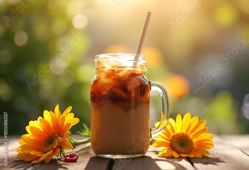 A Chilled Iced Coffee Delight on a Sunny Outdoor Wooden Table