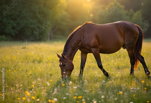 A Majestic Brown Horse Grazes Peacefully in a Sunlit Meadow at Sunset