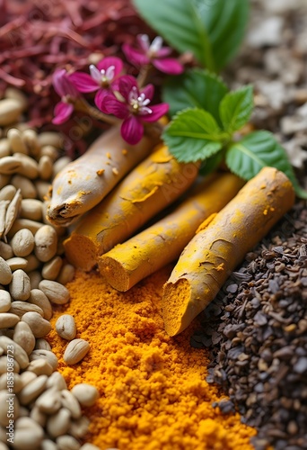 A Vibrant Array of Natural Turmeric Roots and Spices for Health and Wellness