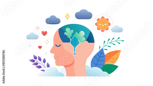 Abstract vector of human head filled with calm symbols like leaves and clouds, promoting mental health awareness and emotional balance.
