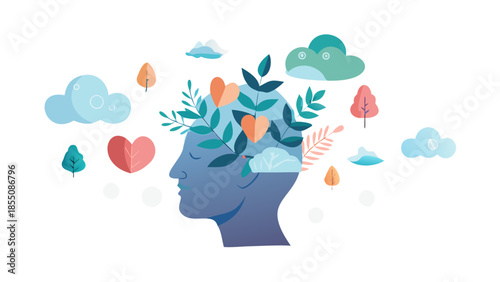 Abstract vector of human head filled with calm symbols like leaves and clouds, promoting mental health awareness and emotional balance.
