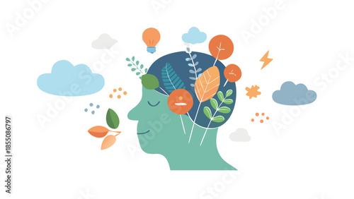 Abstract vector of human head filled with calm symbols like leaves and clouds, promoting mental health awareness and emotional balance.
