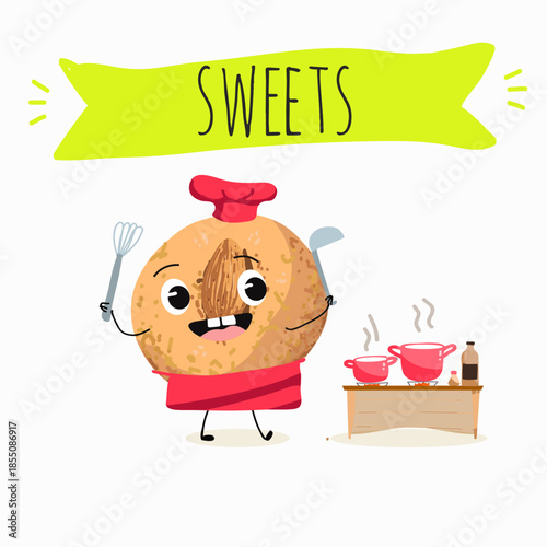 Funny Characters lokma, tulumba. Turkish,  Eastern sweets. Hand drawn vector illustration.