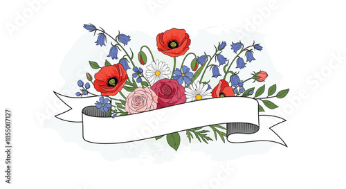 Vibrant bouquet of poppies daisies and bluebells positioned behind a wide blank horizontal white ribbon banner for text.