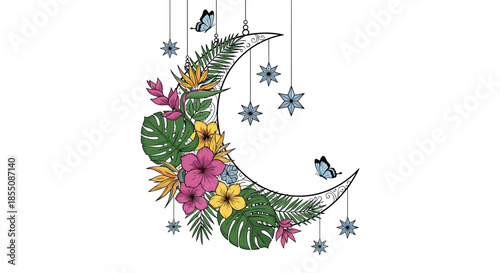 Stunning crescent moon design decorated with tropical monstera leaves hibiscus flowers stars and blue butterflies on white.