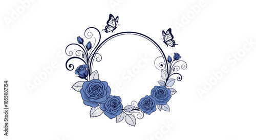 Elegant circular frame of deep blue roses and delicate swirls with two butterflies fluttering around the floral border.
