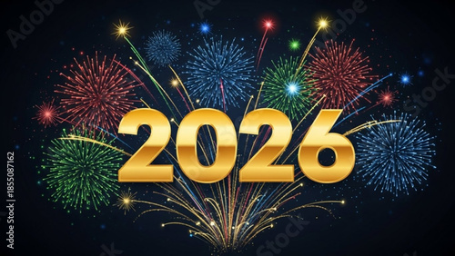 Vibrant fireworks exploding in night sky with gold 2026 text for new year celebration