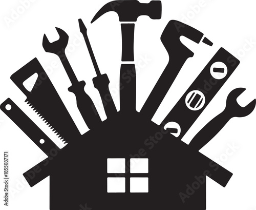 home improvement tools on house roof graphic construction repair renovation maintenance symbols