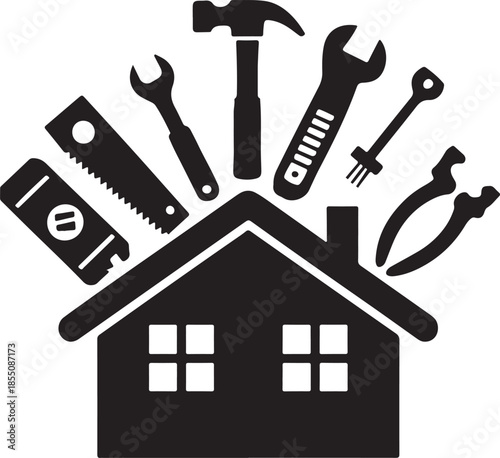 home renovation tools arranged on house silhouette graphic construction repair maintenance