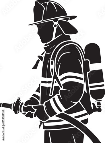 Firefighter in profile with fire hose vector illustration isolated on white background