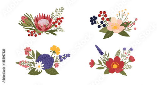 Collection of four unique flower arrangements including protea berries and other colorful blossoms with green foliage.