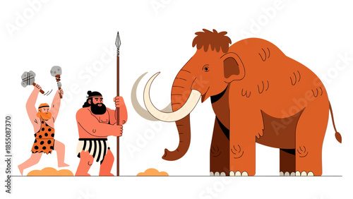 Two male cavemen are fighting a mammoth, vector illustration design