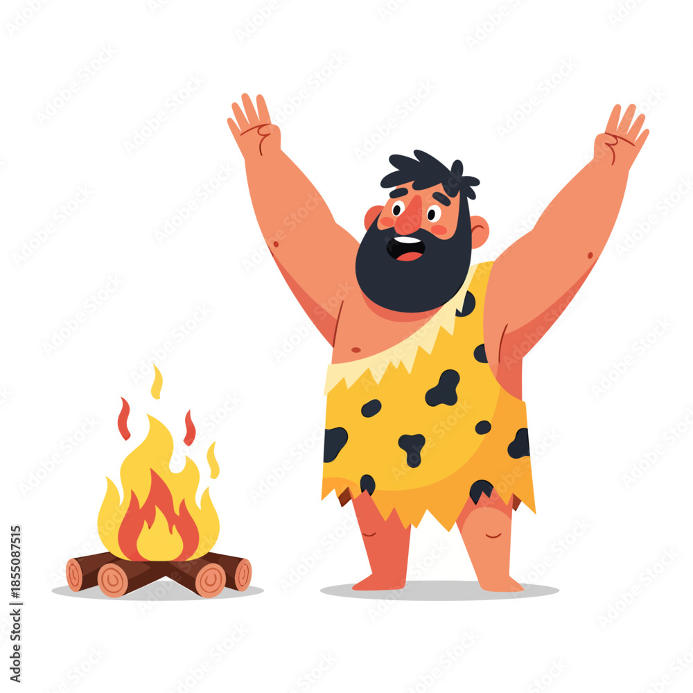 Naklejka premium Vector illustration the caveman was happy to have fire