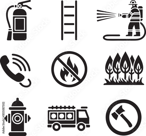 Emergency firefighting service icons including fire truck extinguisher and water hose