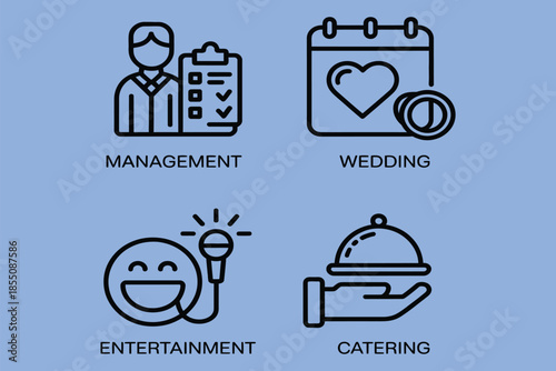 event planning and management services icon set thin line vector pictograms for wedding organization party entertainment and food catering for web and mobile apps.