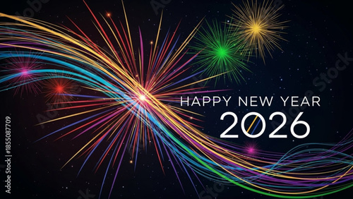 A vibrant and colorful fireworks display with Happy New Year 2026 text on a dark night sky background