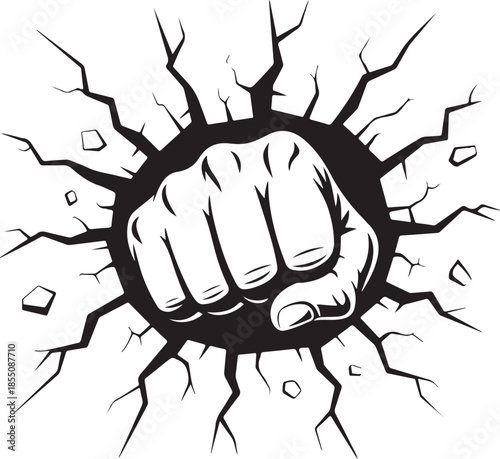 Strong fist breaking through cracked surface with radiating lines and debris