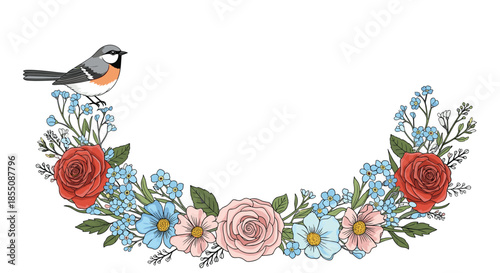 Semicircular border of red pink and light blue flowers with a single bird perched on the left side of the floral wreath.