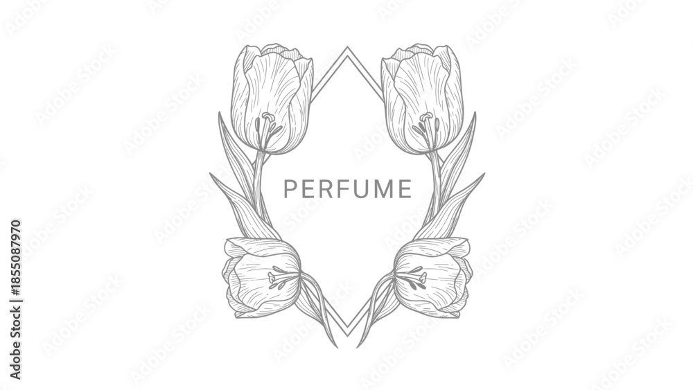 Fototapeta premium Elegant floral perfume logo design with tulips and geometric frame
