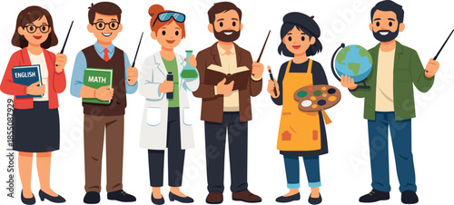 Diverse group of teachers representing different subjects in illustration