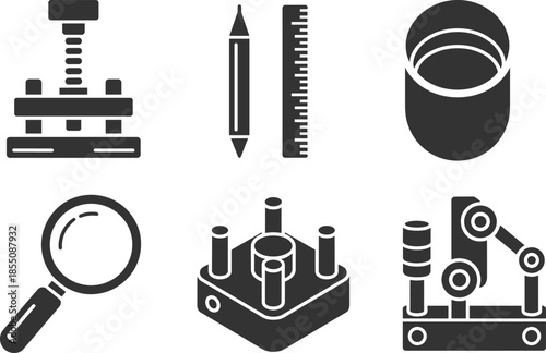 Black and white engineering and industrial tools icon set with measuring, manufacturing and mechanical equipment symbols illustration