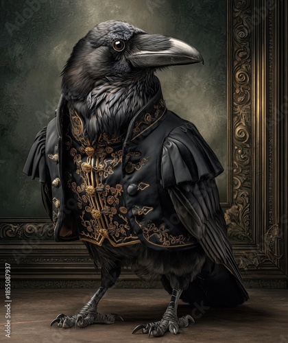 Raven bird cast as a dark Shakespearean dramatic actor, dressed in black Elizabethan attire with subtle gold embroidery, standing under stage lights, moody Renaissance atmosphere