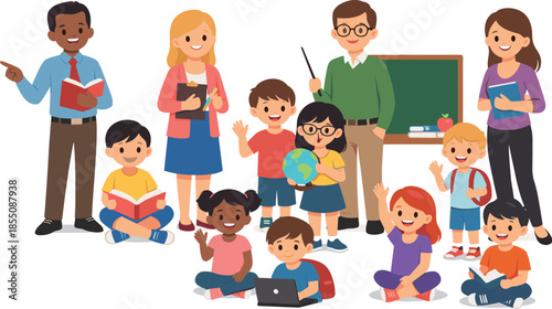 Diverse group of children and teachers in a classroom learning environment