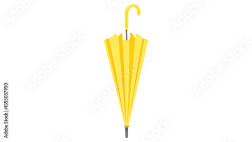 A closed yellow umbrella stands upright against a white background.
