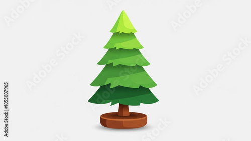 A vibrant green coniferous tree with layered branches on a brown base against a white background