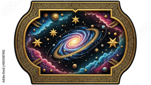 Vibrant galaxy scene with stars, planets, and colorful nebulae in gold ornate frame, cosmic artwork for space enthusiasts and astronomy lovers, beautiful celestial body