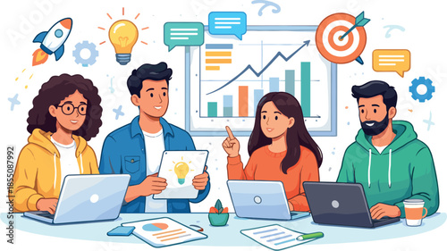 Diverse team collaborating on startup project with charts and laptops