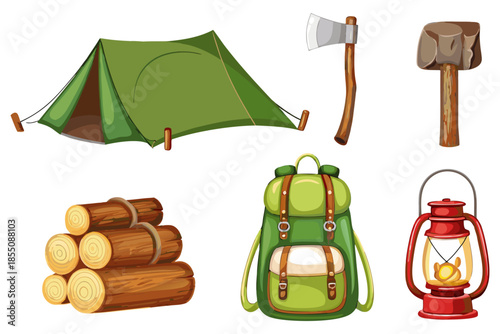 Camping items illustration tent, backpack, firewood, lantern