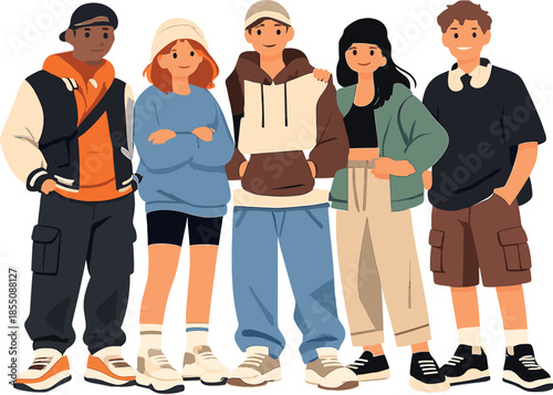Diverse group of young adults in casual streetwear standing together