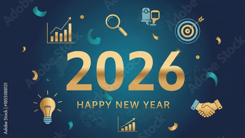 A digital illustration of a Happy New Year 2026 graphic with gold and blue icons on a dark blue background