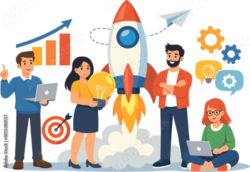 Team launching rocket with business growth icons and lightbulb idea