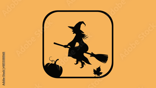 Halloween Witch Silhouette Flying Broomstick Pumpkin Maple Leaf Icon
