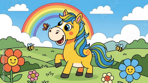 A cheerful cartoon horse with a rainbow mane stands in a sunny meadow surrounded by colorful flowers and happy bees under a vibrant rainbow